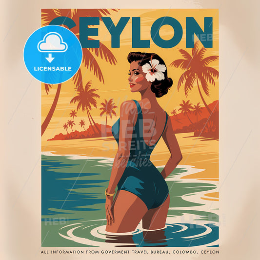 Tropical Serenity: Vintage Ceylon Travel Poster with Elegant Beach Beauty