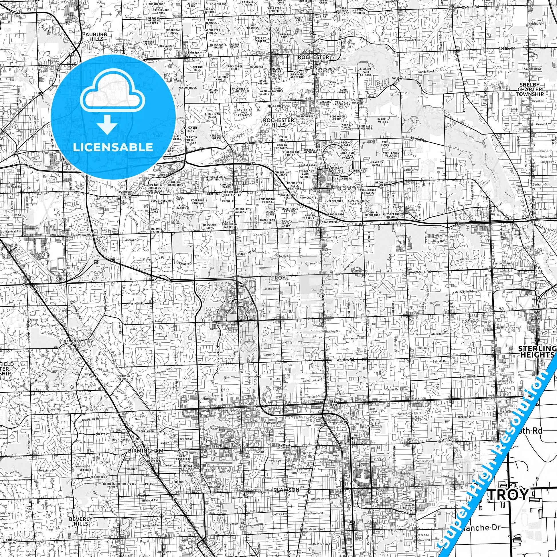 Troy, Michigan light map with streetnames, citynames and districts