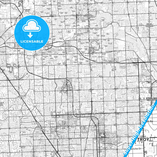 Troy, Michigan light map with streetnames, citynames and districts