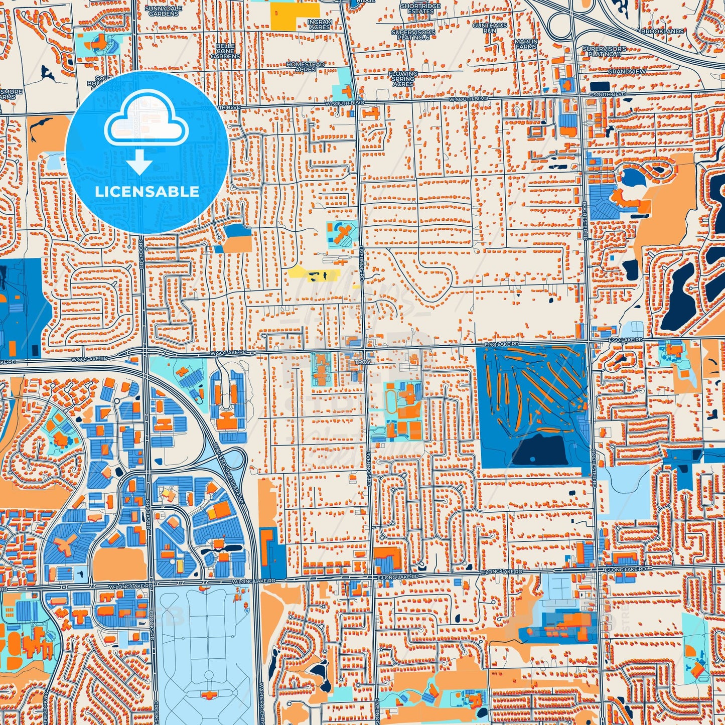 Colorful Troy Street Map with Labels and Buildings