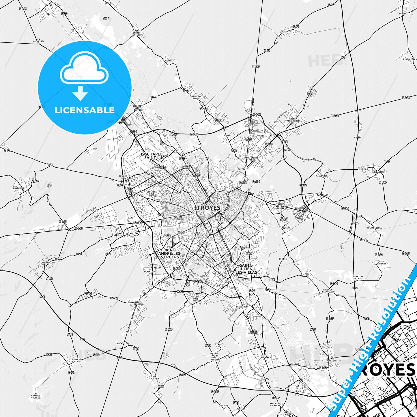 Troyes, France light map with streetnames, citynames and districts