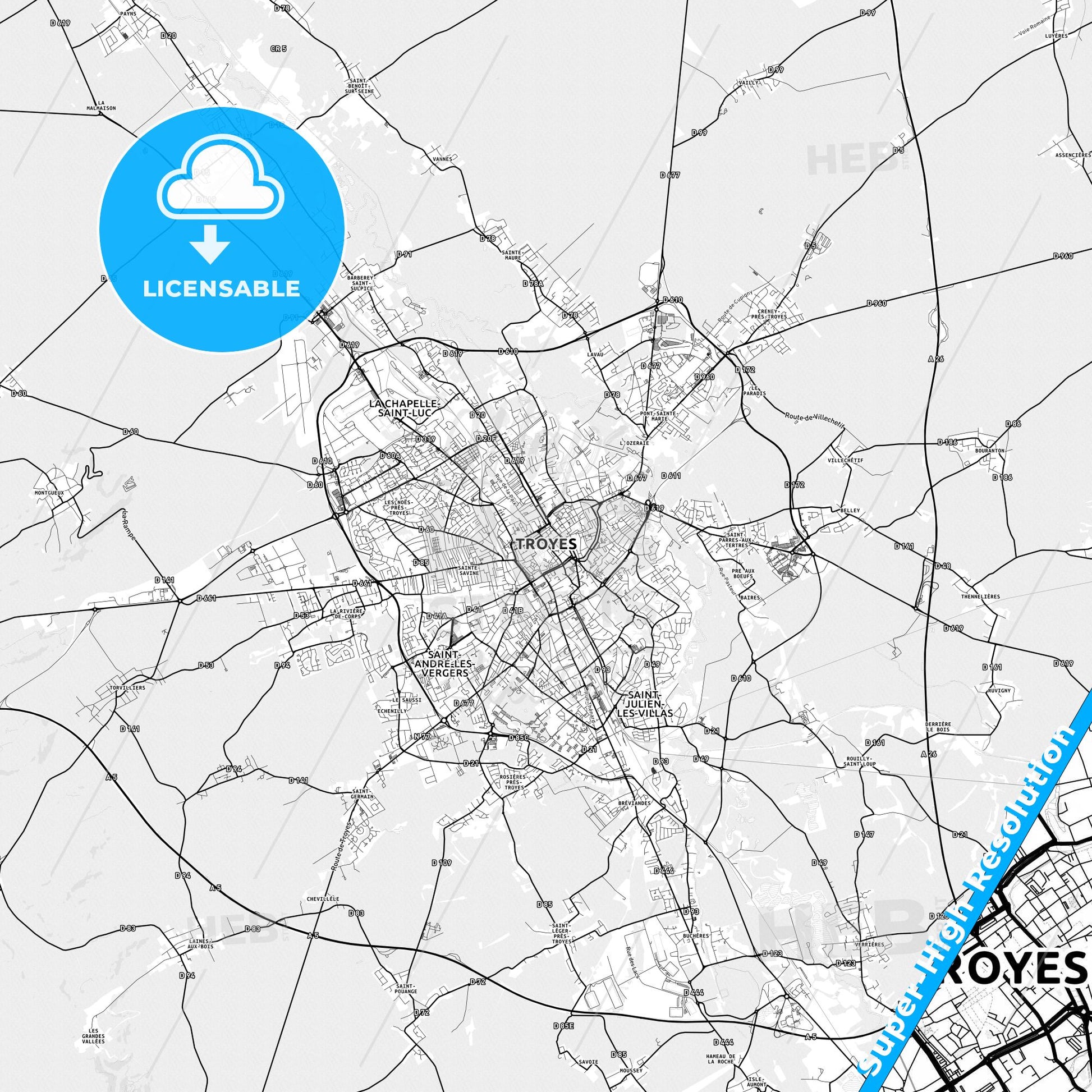 Troyes, France light map with streetnames, citynames and districts