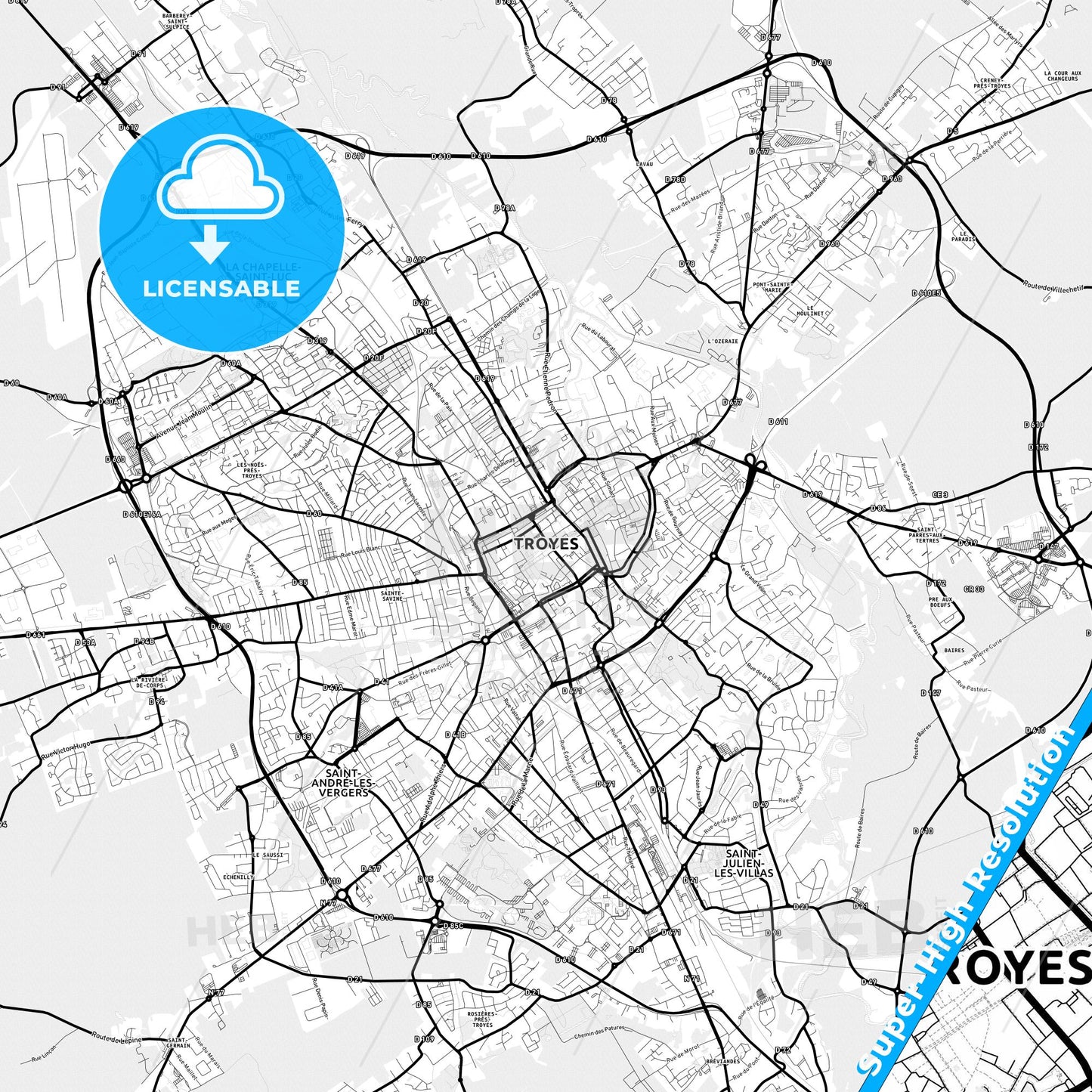 Troyes, France Light Map with Street Names, City Names, and Districts