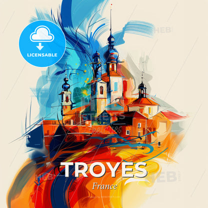 Vibrant Troyes, France - A Painting Of A Building With Towers - Square format print template