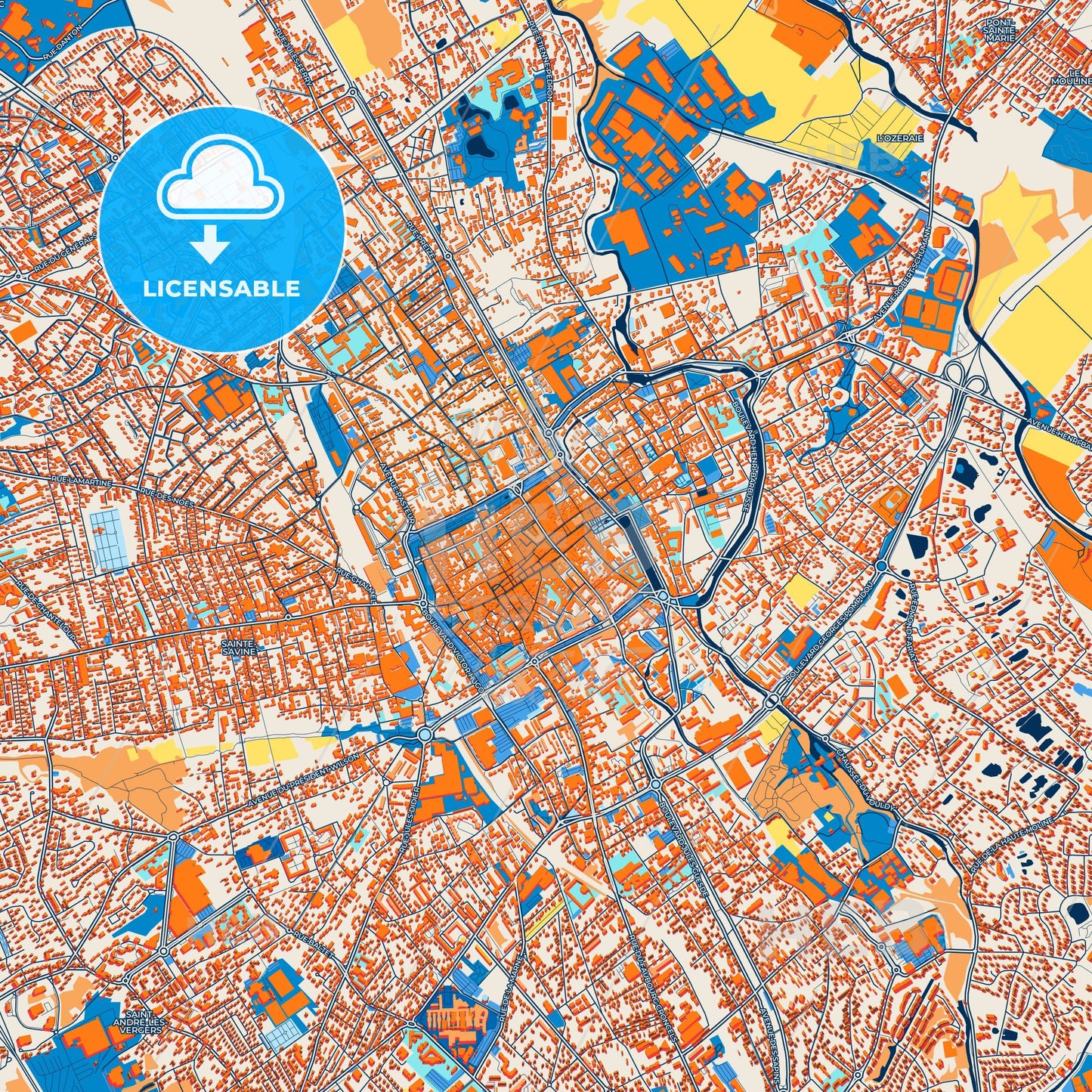 Colorful Troyes Street Map with Labels and Buildings