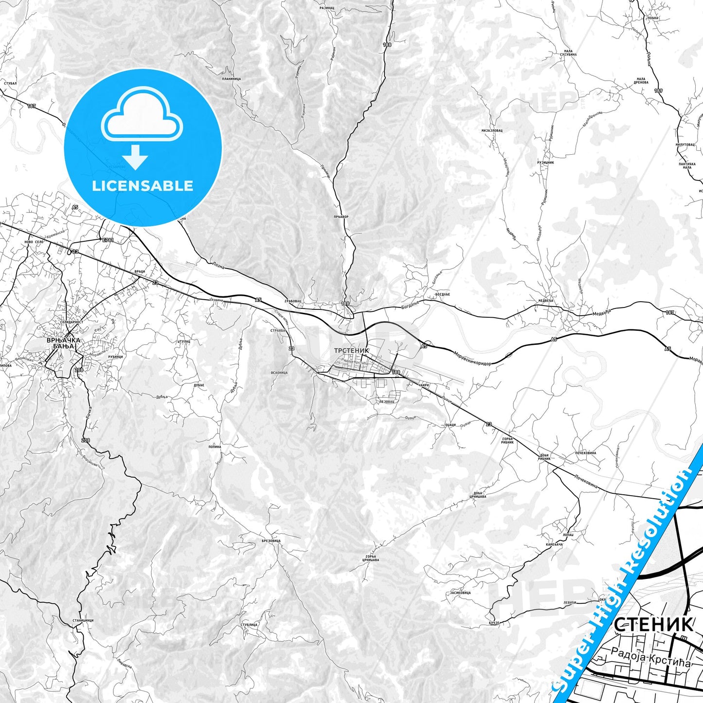 Trstenik, Serbia light map with streetnames, citynames and districts