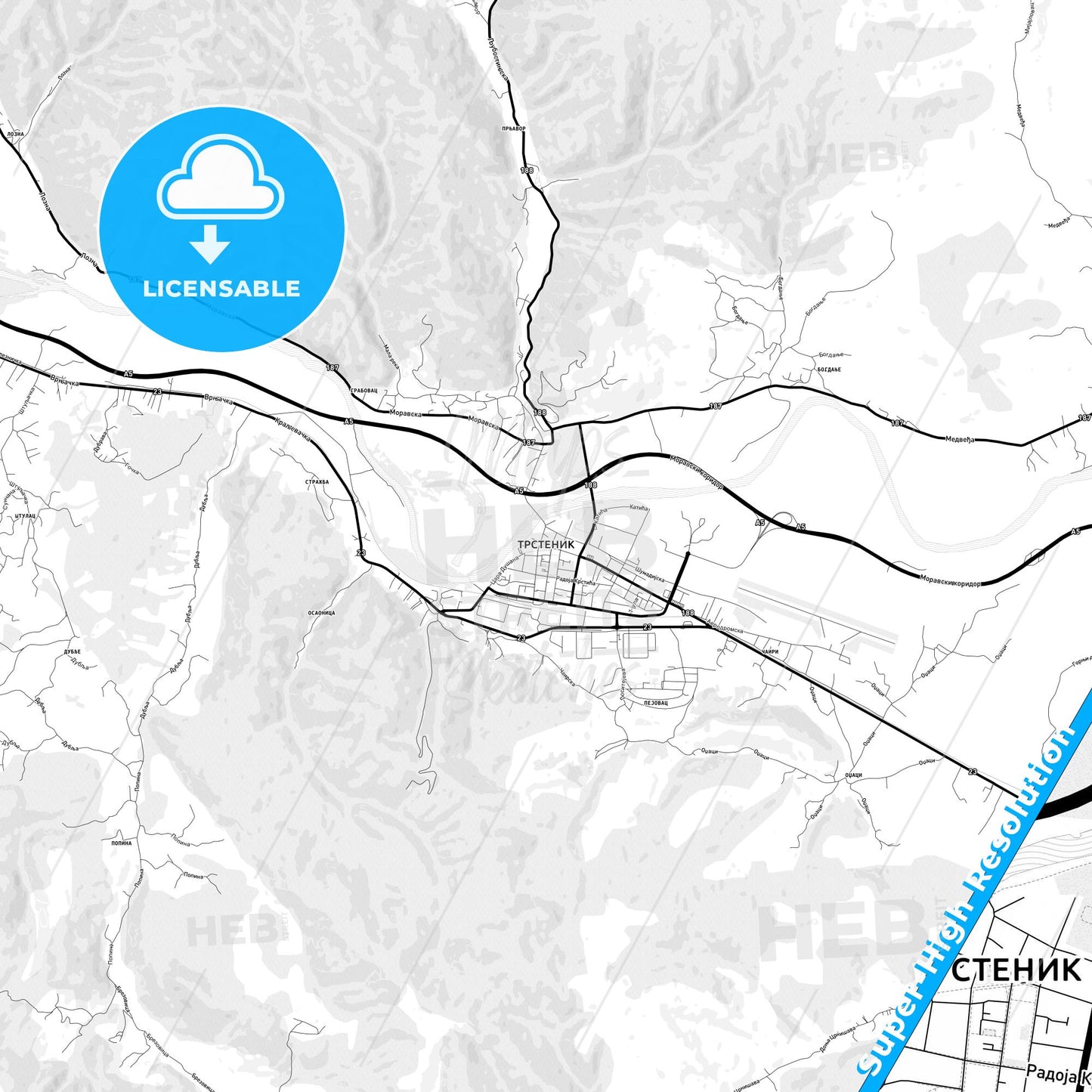 Trstenik, Serbia Light Map with Street Names, City Names, and Districts
