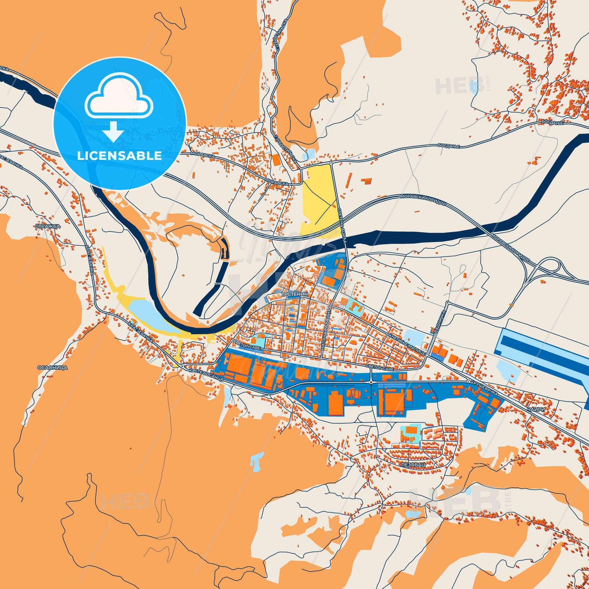 Colorful Trstenik Street Map with Labels and Buildings