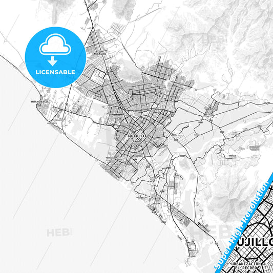 Trujillo, Peru light map with streetnames, citynames and districts