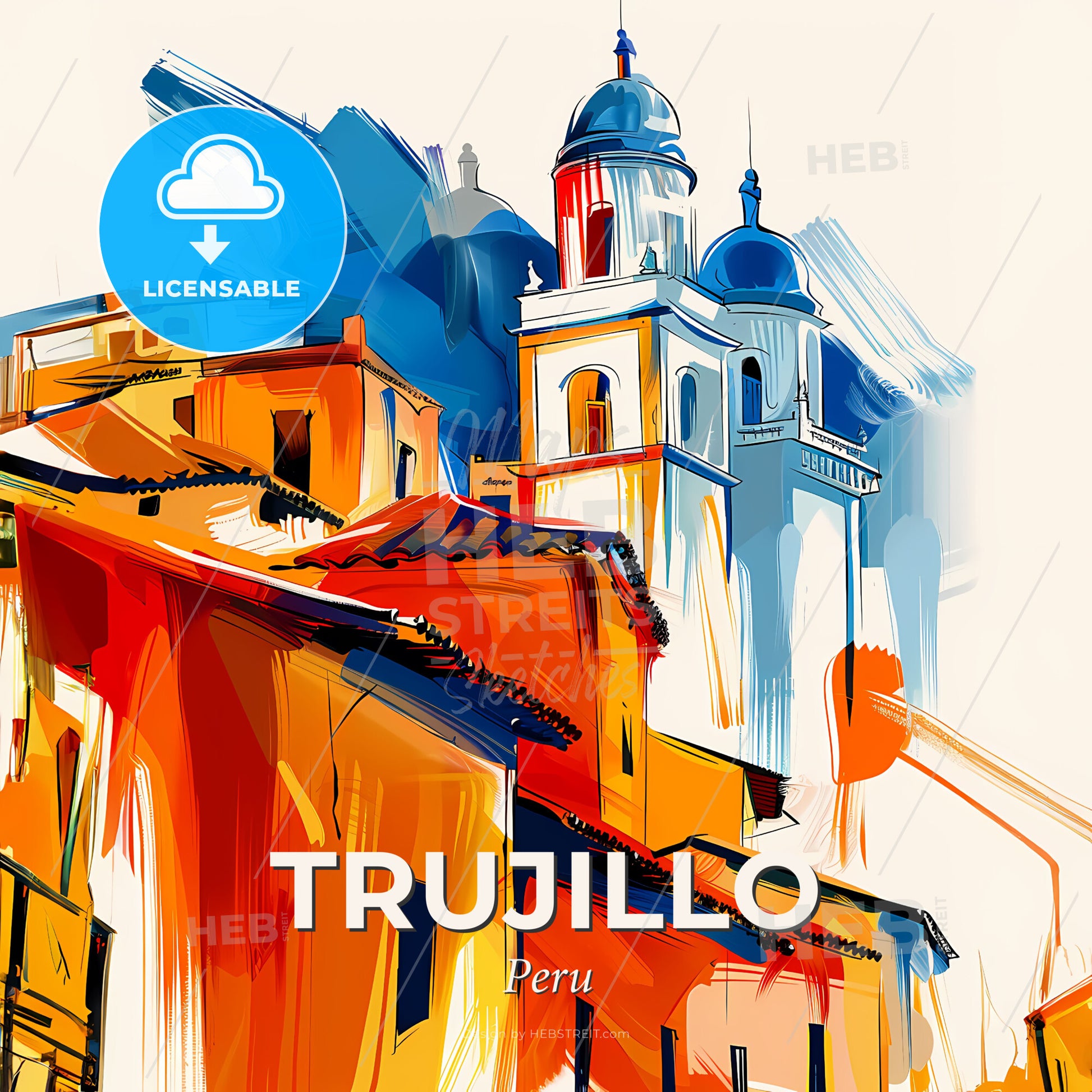 Vibrant Trujillo, Peru - A Painting Of Buildings With A Dome Roof - Square format print template