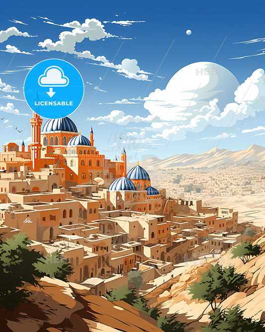 Vibrant Painting of Trujillo Peru City Skyline with Buildings and Towers