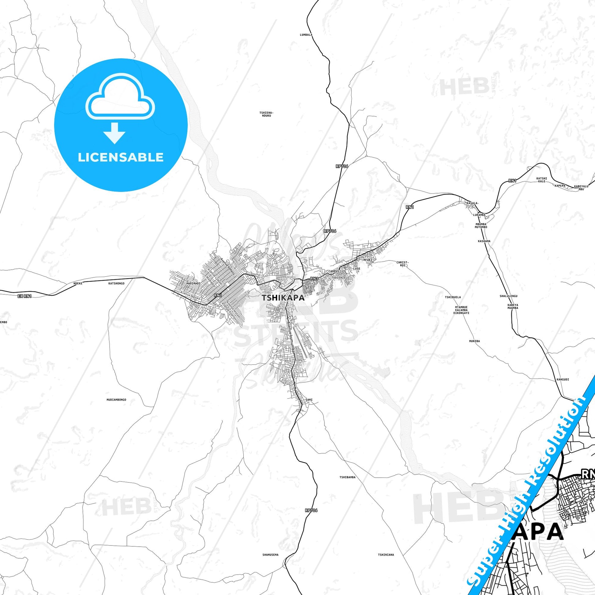 Tshikapa, DR Congo light map with streetnames, citynames and districts