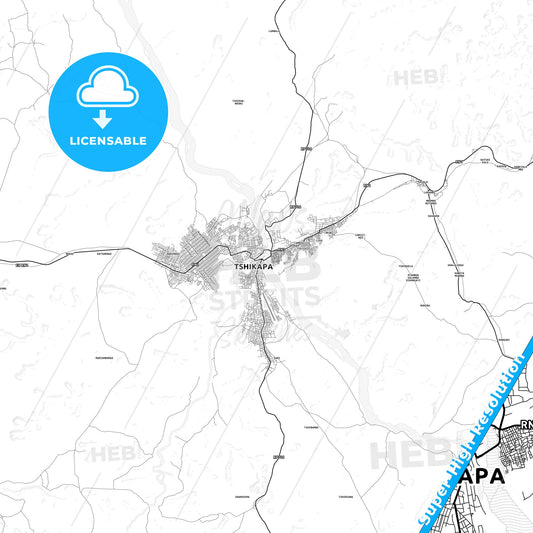 Tshikapa, DR Congo light map with streetnames, citynames and districts