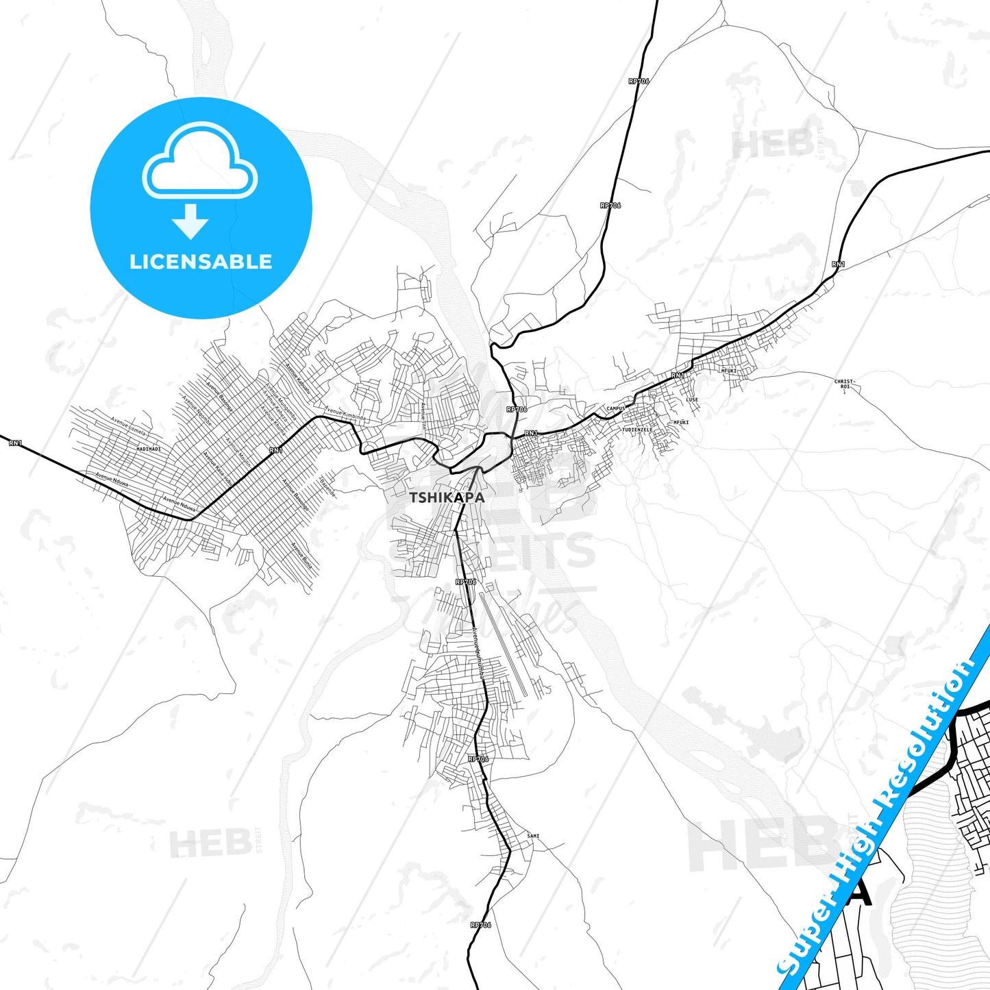 Tshikapa, DR Congo Light Map with Street Names, City Names, and Districts