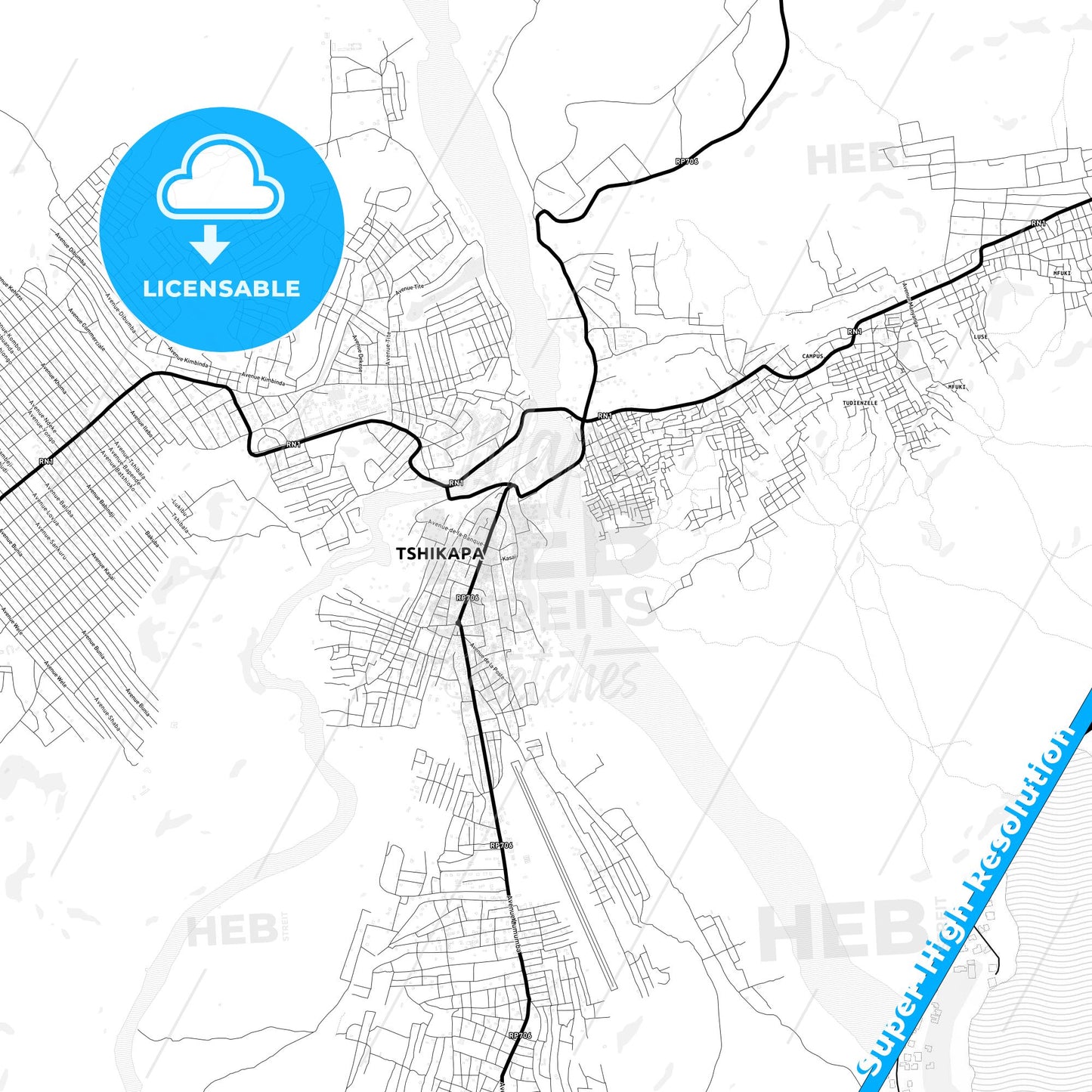 Tshikapa, DR Congo Light Map with Street Names, City Names, and Districts