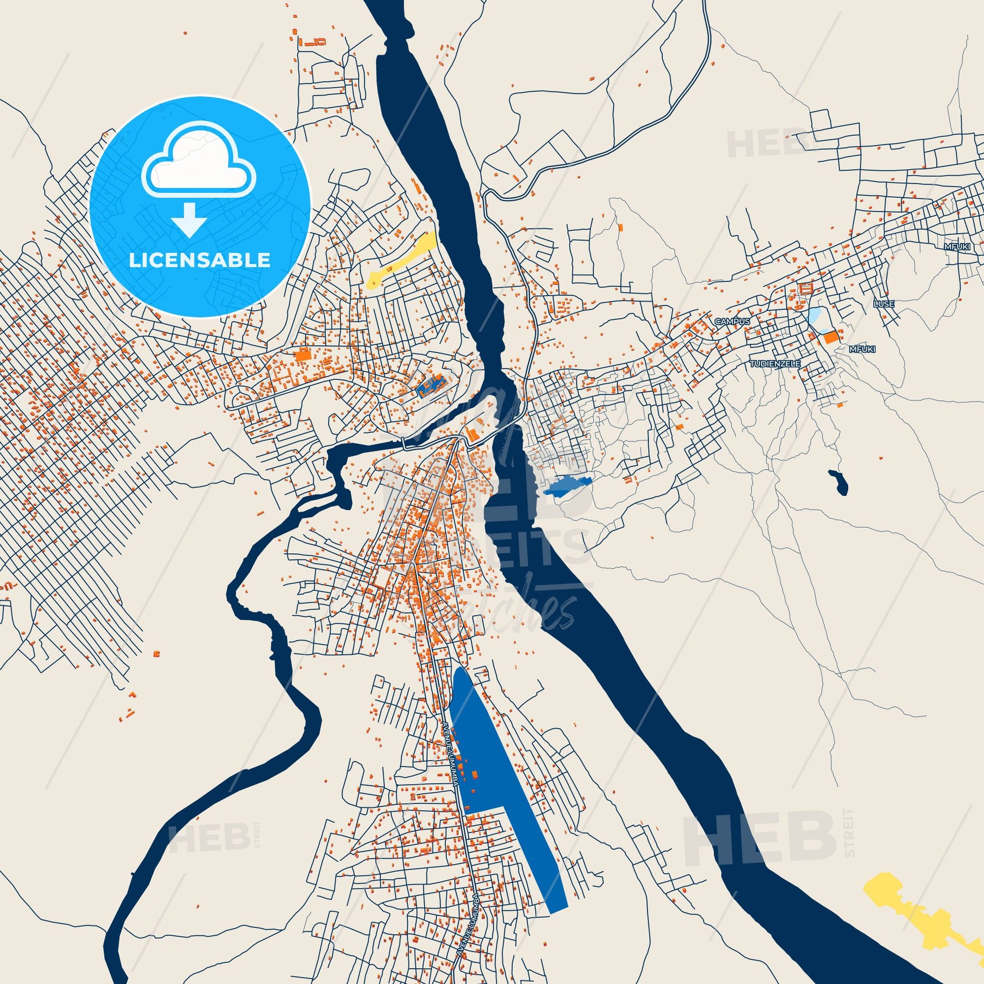 Colorful Tshikapa Street Map with Labels and Buildings