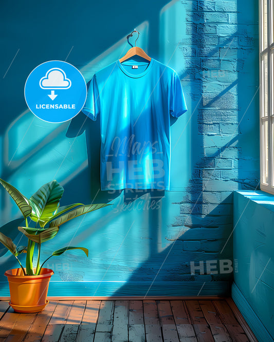 Blue T-Shirt, Smooth Hanger, Vivid Artistic Painting Mockup - Vibrantly showcasing the art aspect with a focus on a stylish blue t-shirt on a smooth hanger.