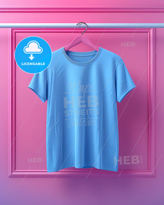 Artistic Blue T-Shirt Mockup with Vibrant Painting, Hanger Display - High-Quality Image for Creative Projects