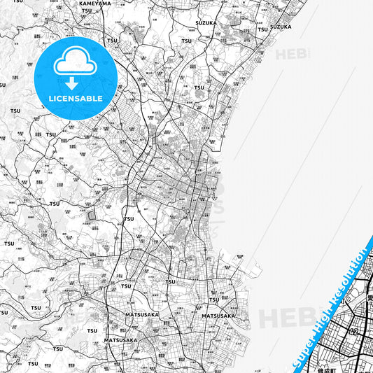 Tsu, Japan light map with streetnames, citynames and districts