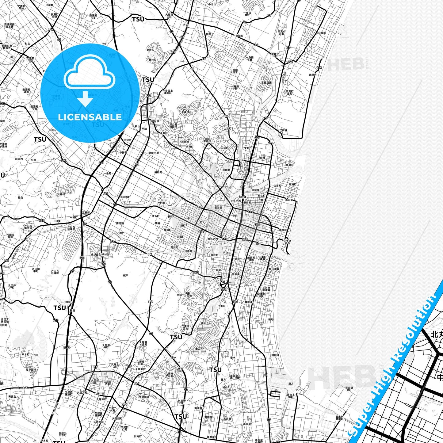 Tsu, Japan Light Map with Street Names, City Names, and Districts