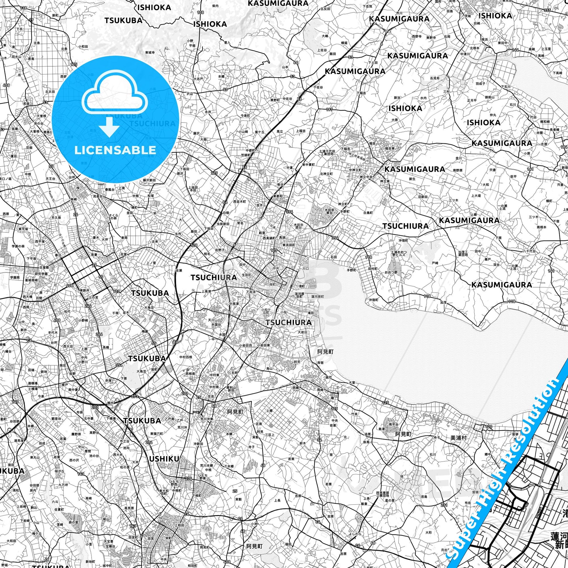 Tsuchiura, Japan light map with streetnames, citynames and districts