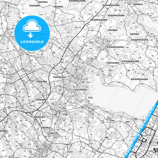 Tsuchiura, Japan light map with streetnames, citynames and districts