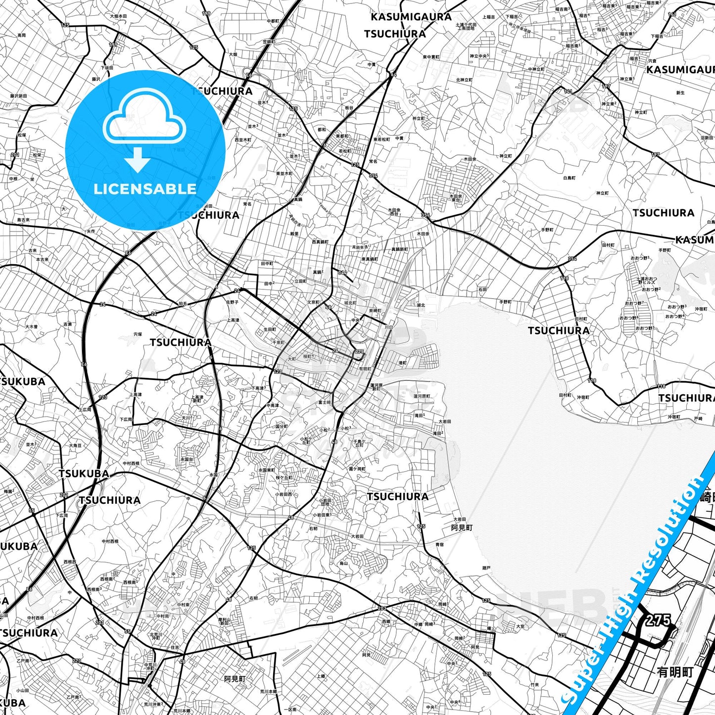 Tsuchiura, Japan Light Map with Street Names, City Names, and Districts