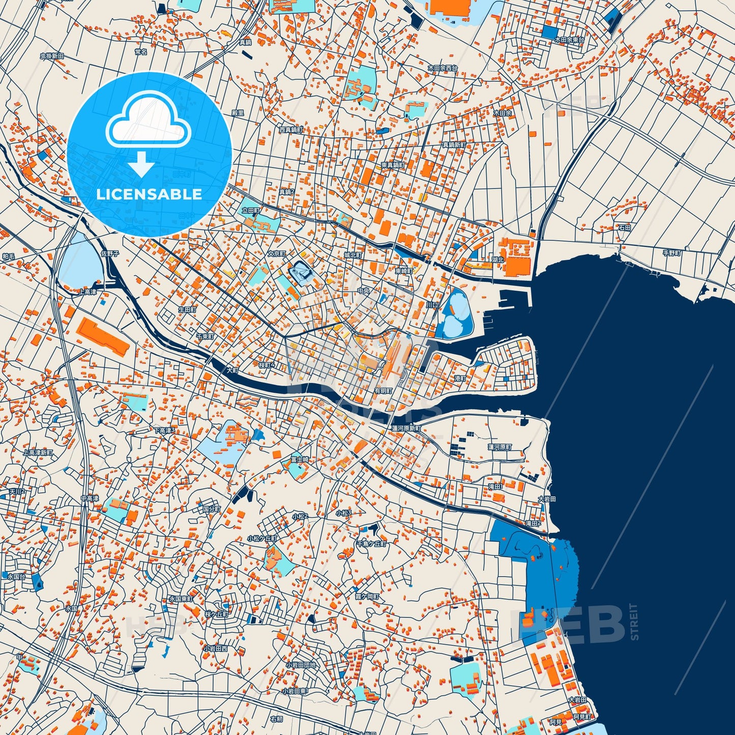 Colorful Tsuchiura Street Map with Labels and Buildings