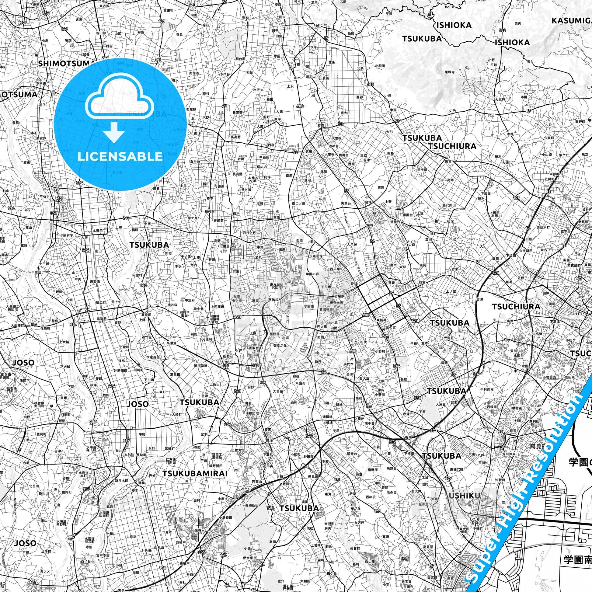 Tsukuba, Japan light map with streetnames, citynames and districts