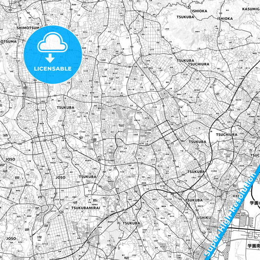Tsukuba, Japan light map with streetnames, citynames and districts
