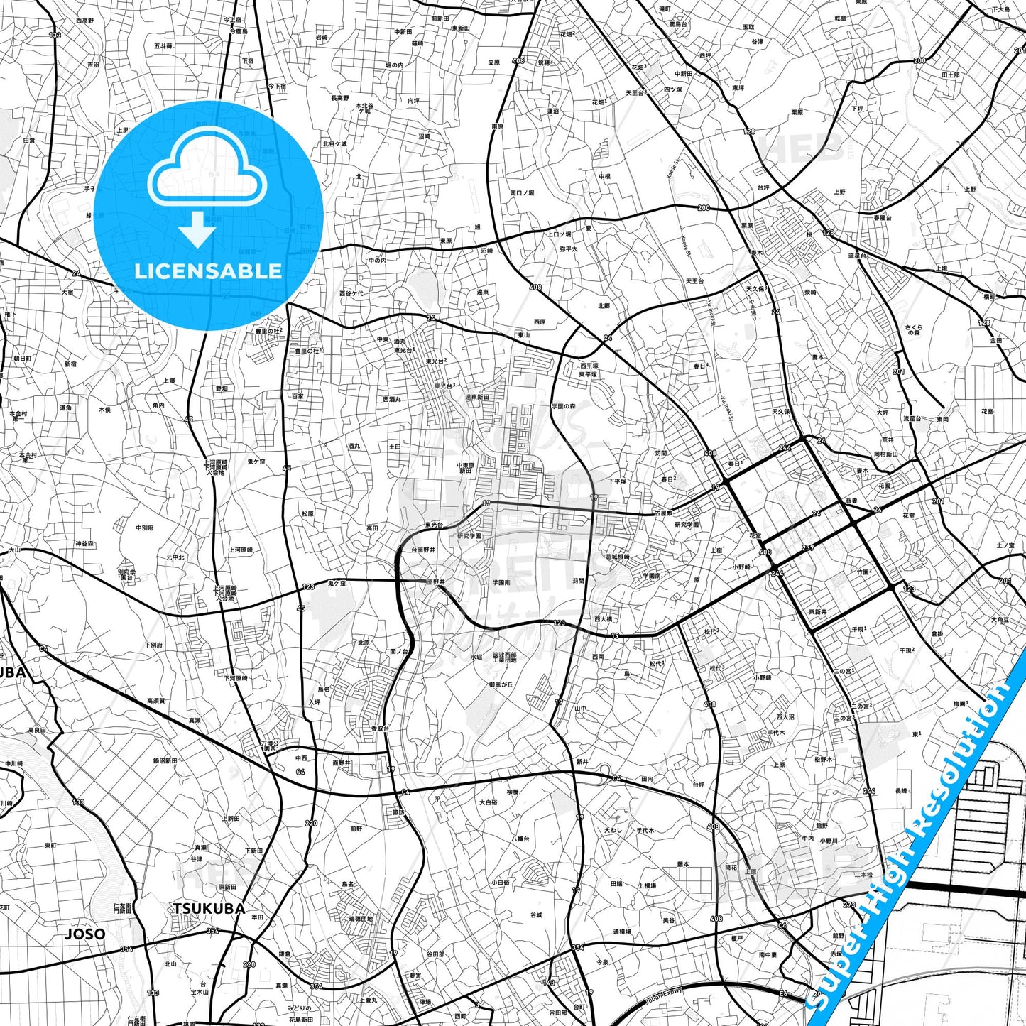 Tsukuba, Japan Light Map with Street Names, City Names, and Districts