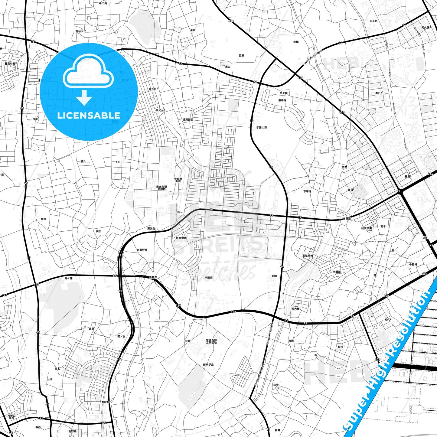 Tsukuba, Japan Light Map with Street Names, City Names, and Districts