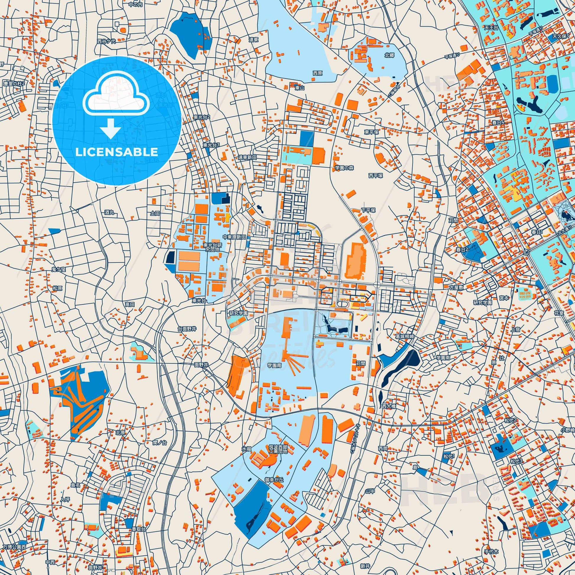 Colorful Tsukuba Street Map with Labels and Buildings