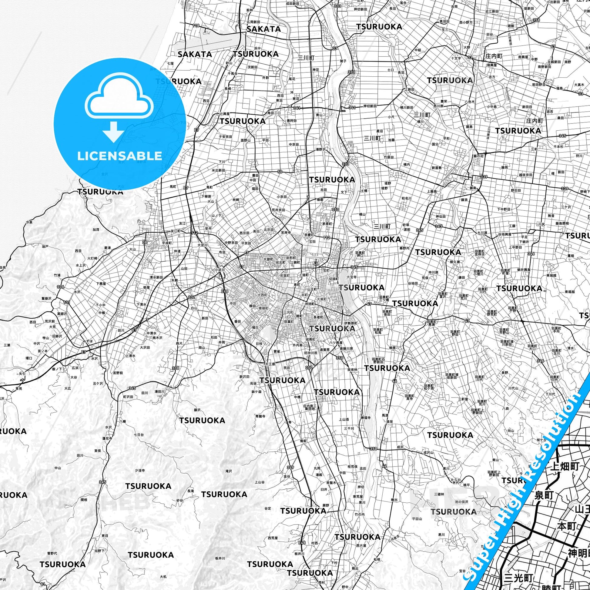 Tsuruoka, Japan light map with streetnames, citynames and districts