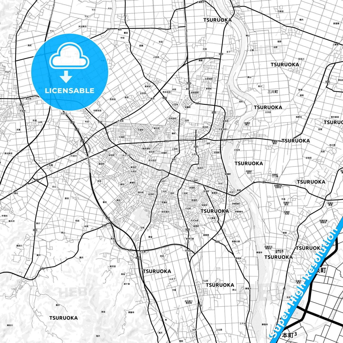 Tsuruoka, Japan Light Map with Street Names, City Names, and Districts