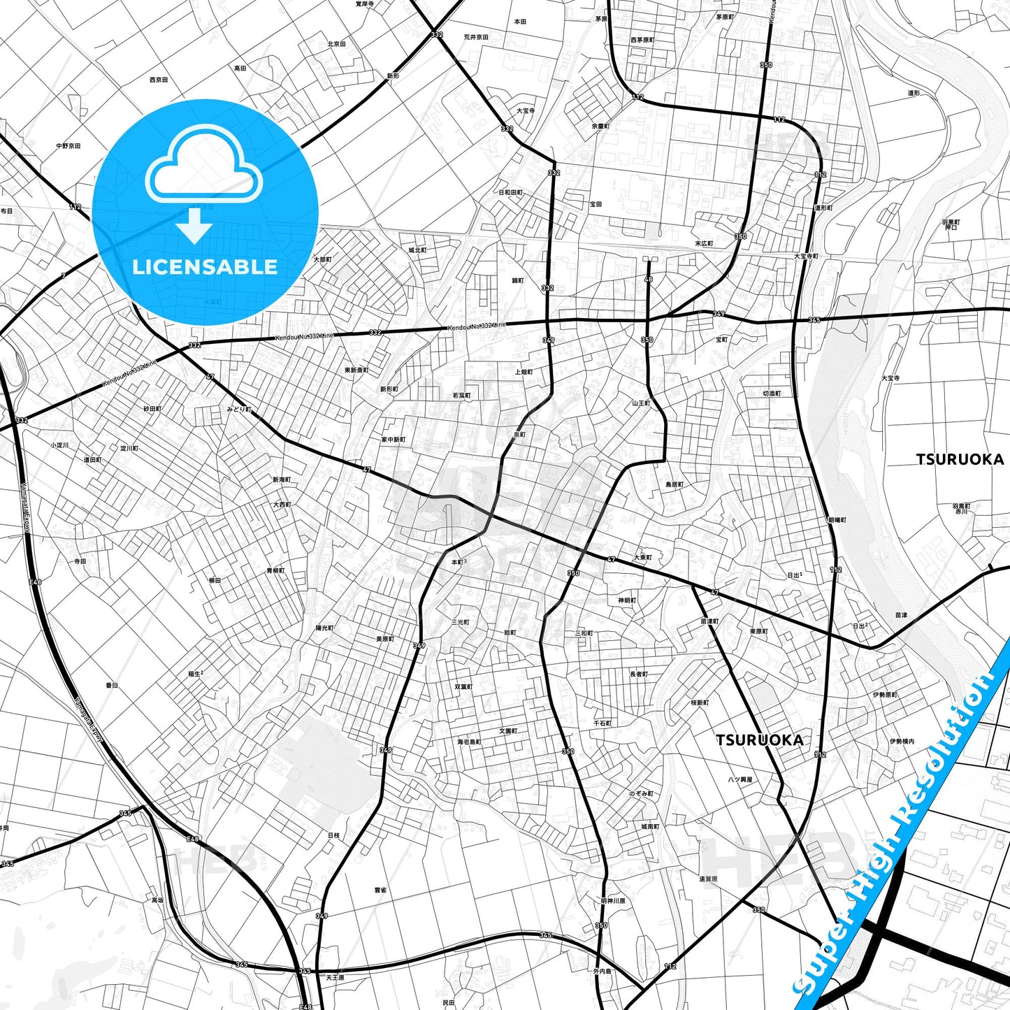 Tsuruoka, Japan Light Map with Street Names, City Names, and Districts