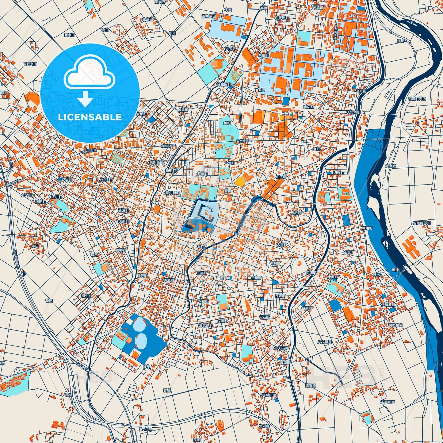 Colorful Tsuruoka Street Map with Labels and Buildings