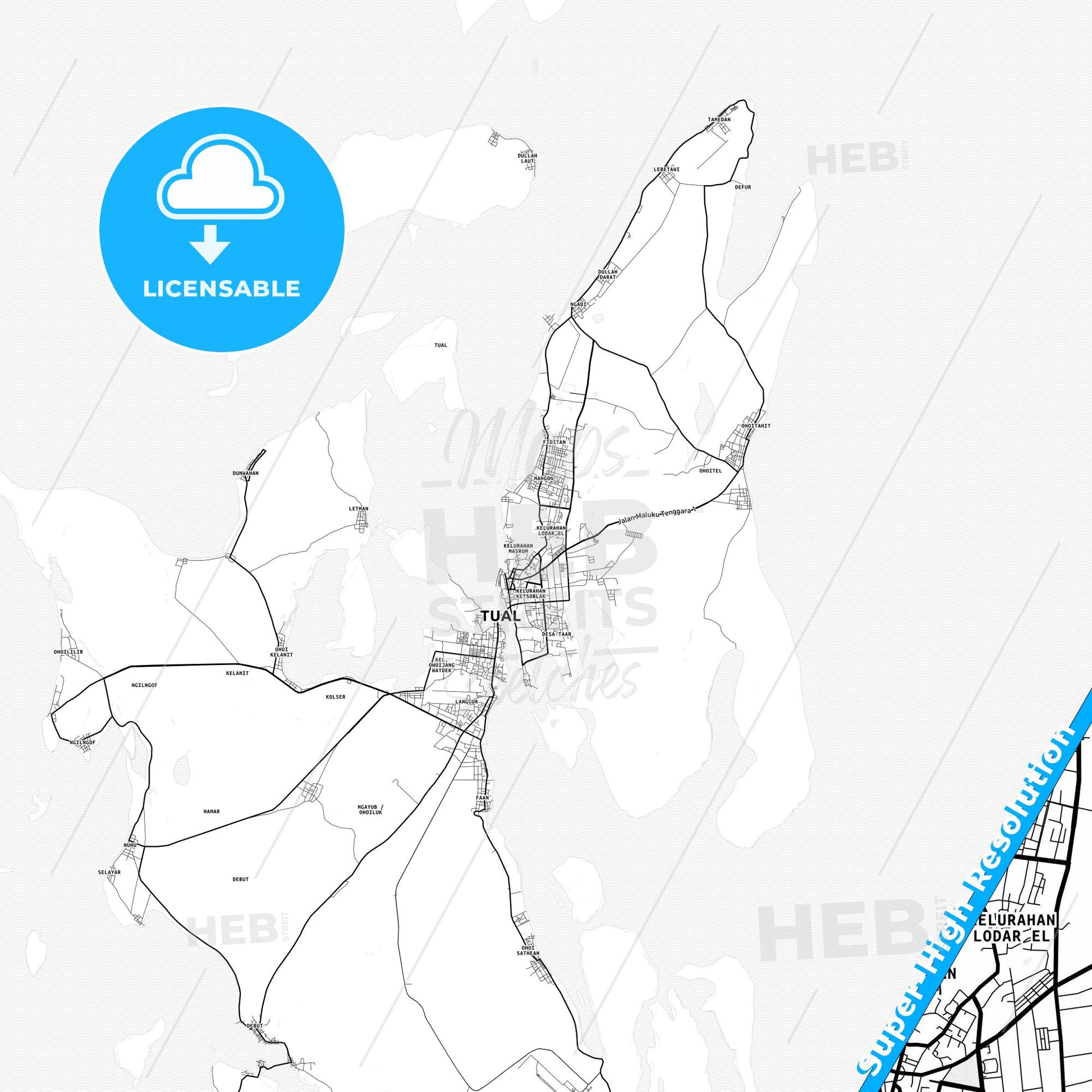 Tual, Indonesia light map with streetnames, citynames and districts
