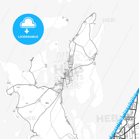 Tual, Indonesia light map with streetnames, citynames and districts