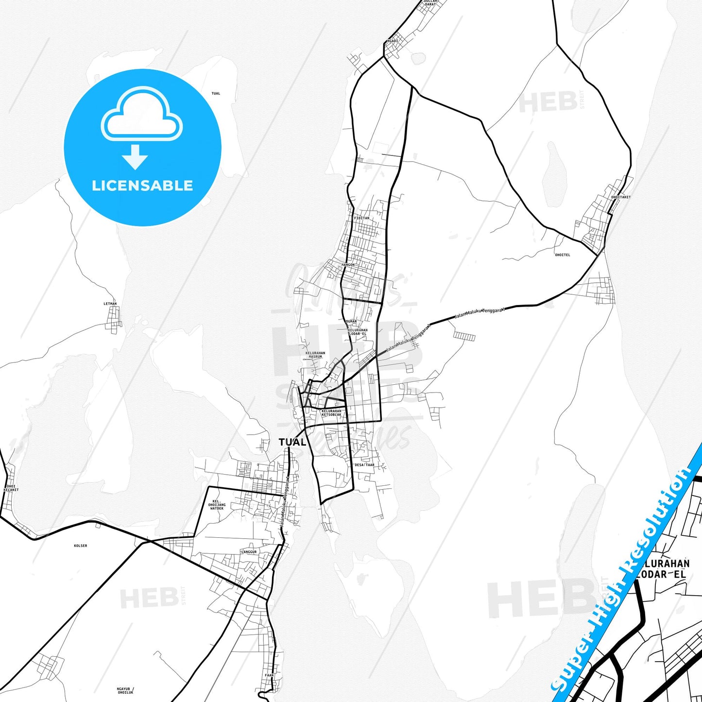 Tual, Indonesia Light Map with Street Names, City Names, and Districts