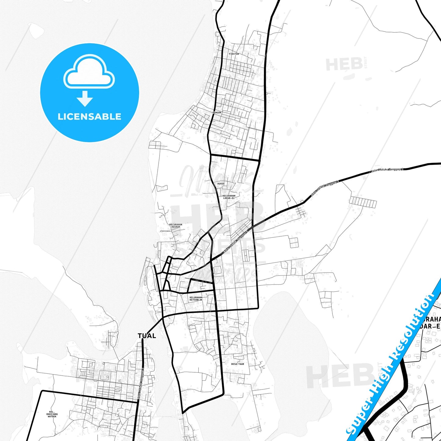 Tual, Indonesia Light Map with Street Names, City Names, and Districts