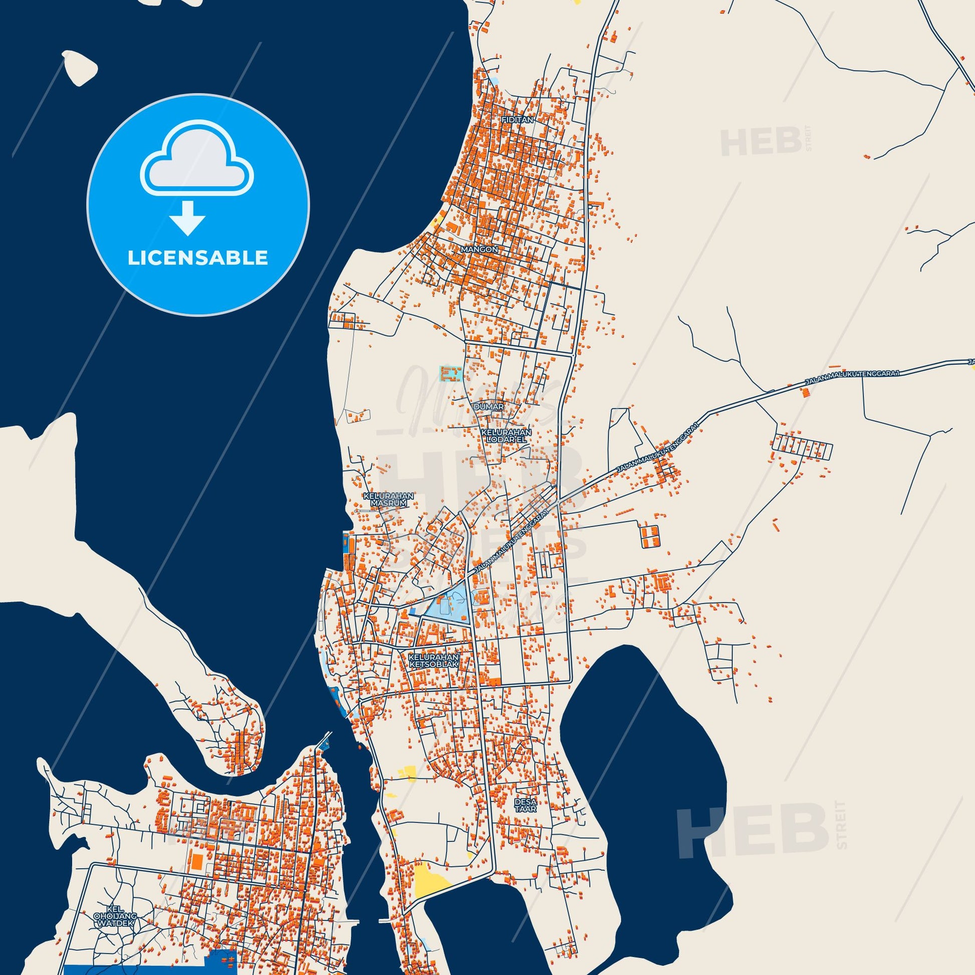 Colorful Tual Street Map with Labels and Buildings