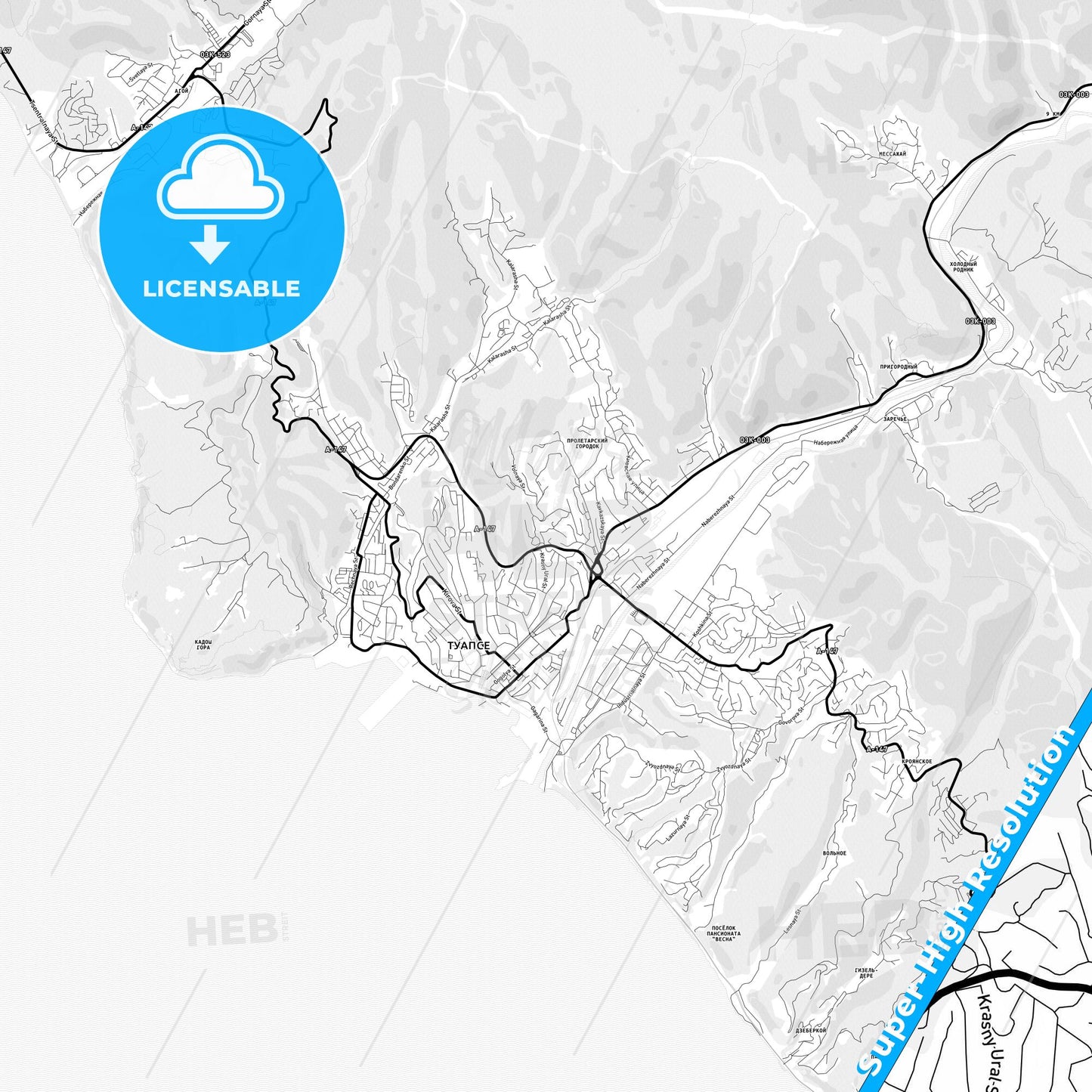 Tuapse, Russia Light Map with Street Names, City Names, and Districts