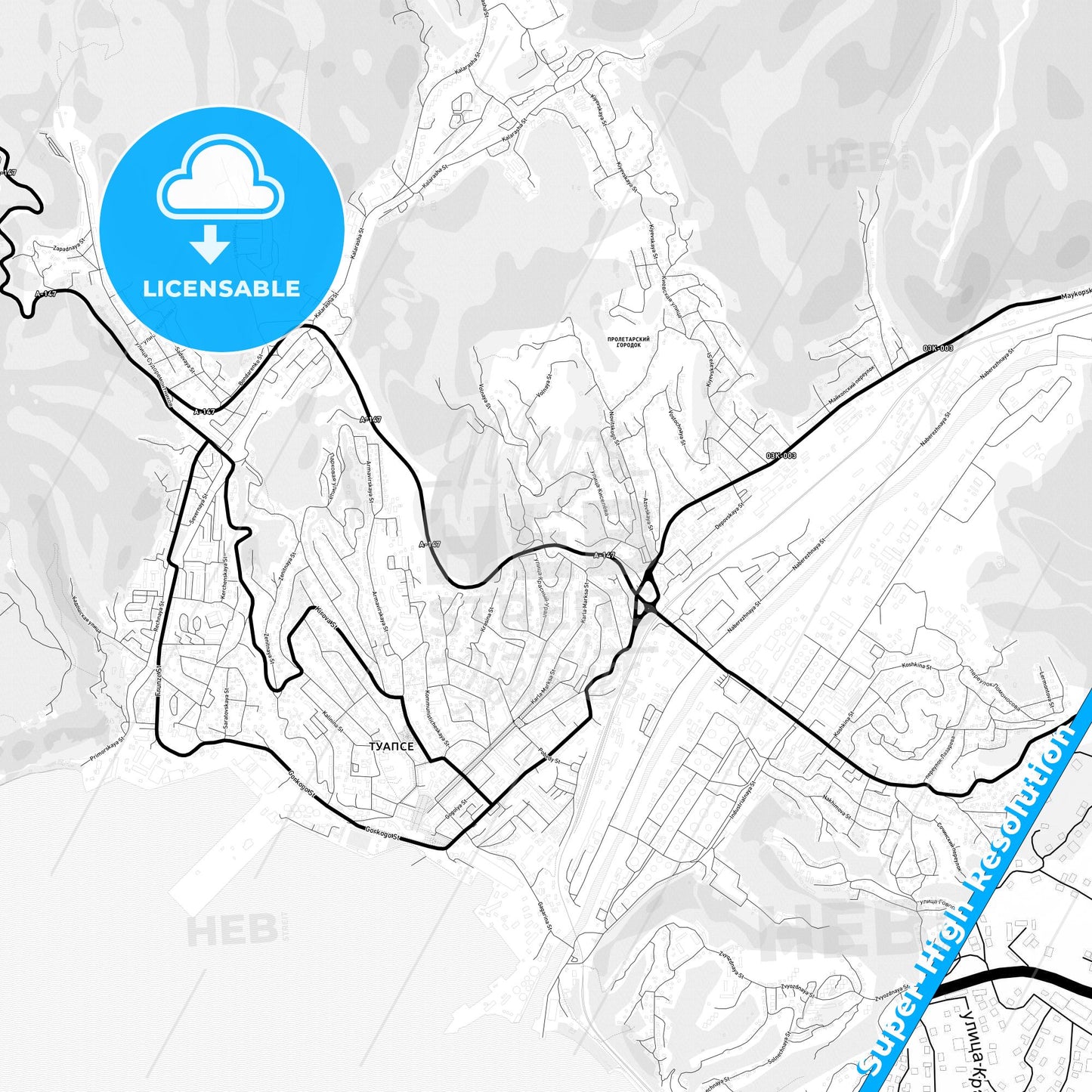 Tuapse, Russia Light Map with Street Names, City Names, and Districts