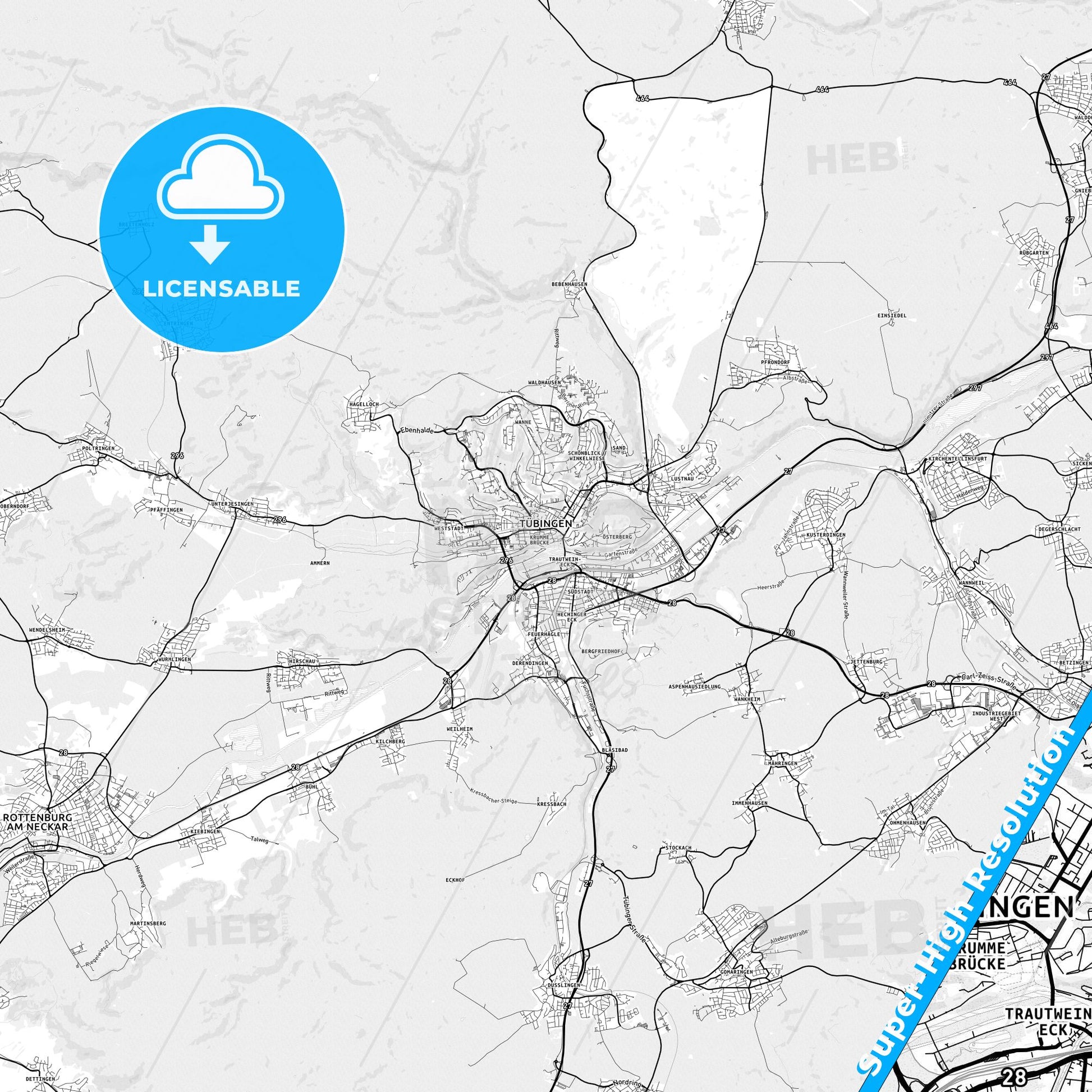 Tubingen, Germany light map with streetnames, citynames and districts