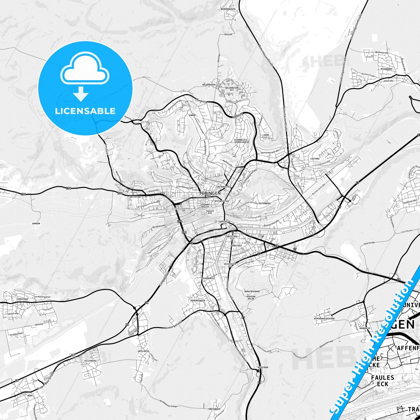 Tubingen, Germany Light Map with Street Names, City Names, and Districts