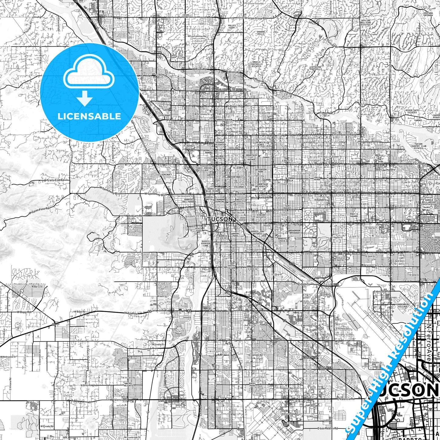 Tucson, Arizona light map with streetnames, citynames and districts