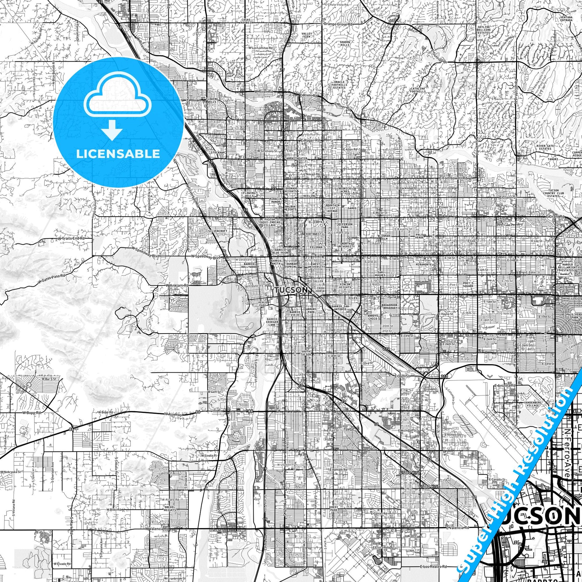 Tucson, Arizona light map with streetnames, citynames and districts