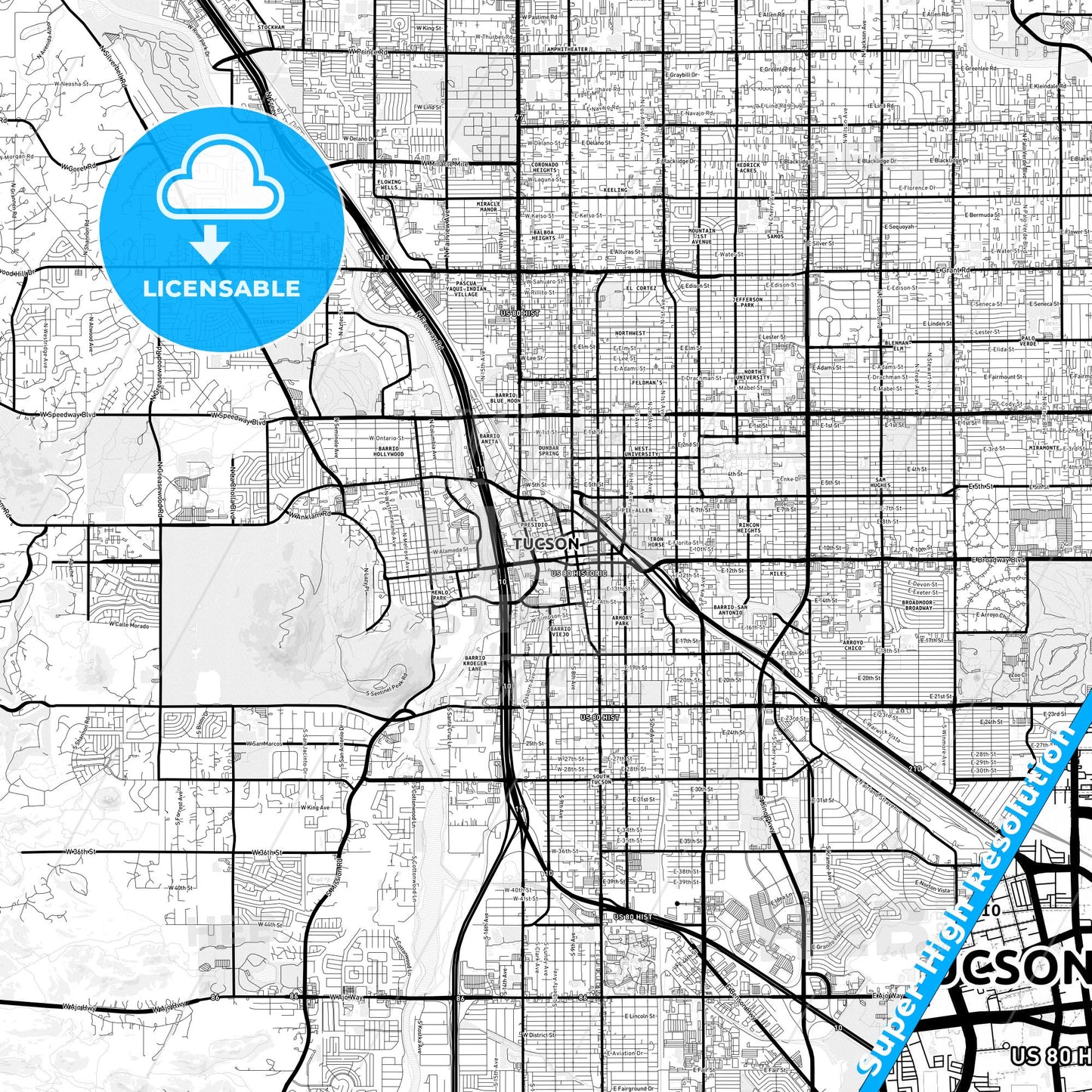 Tucson, Arizona Light Map with Street Names, City Names, and Districts