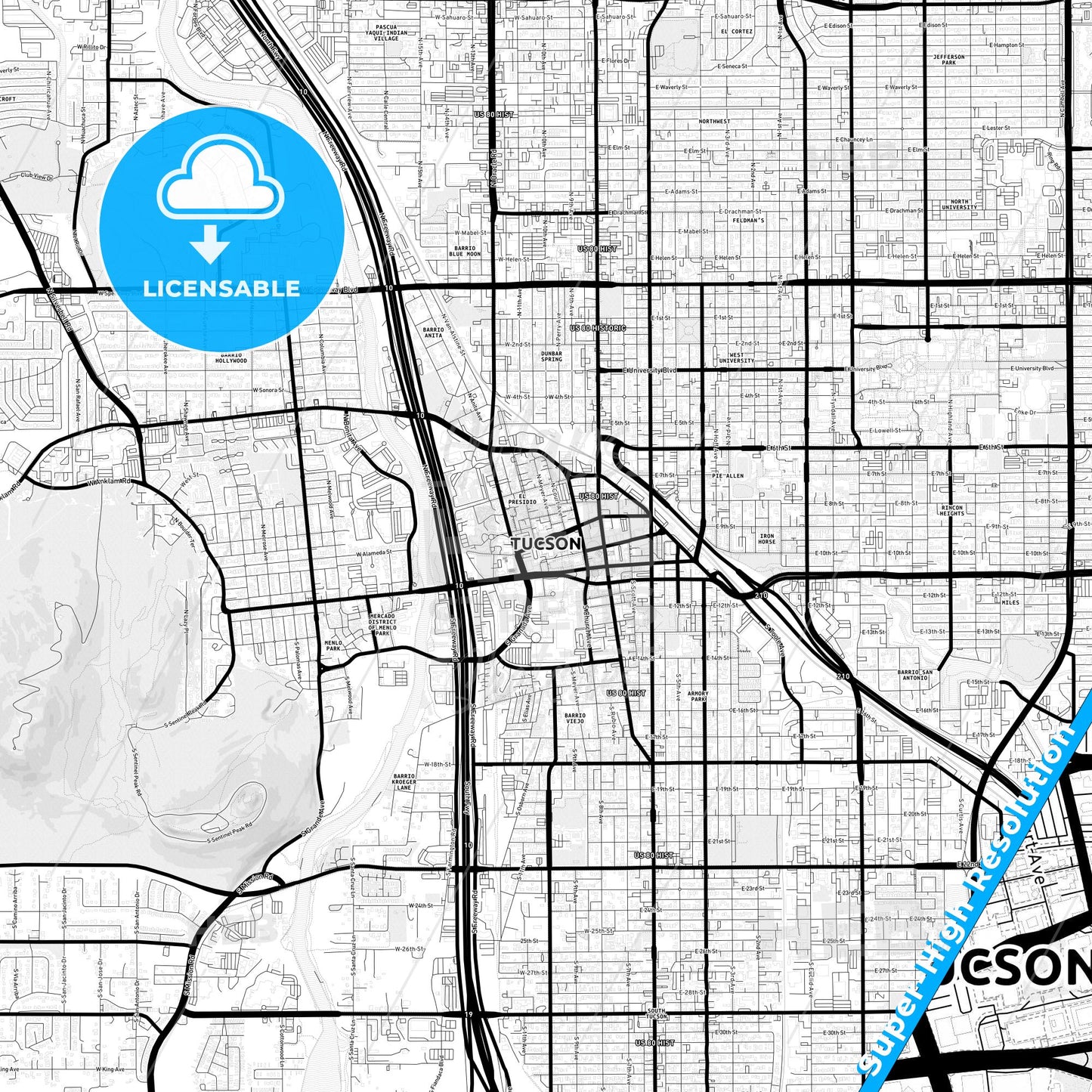 Tucson, Arizona Light Map with Street Names, City Names, and Districts